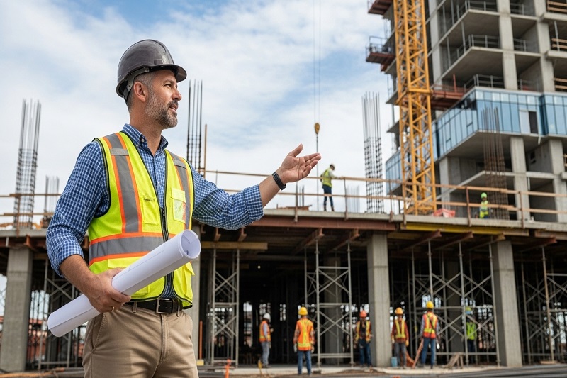 Structural engineer reviewing building plans to reduce construction costs