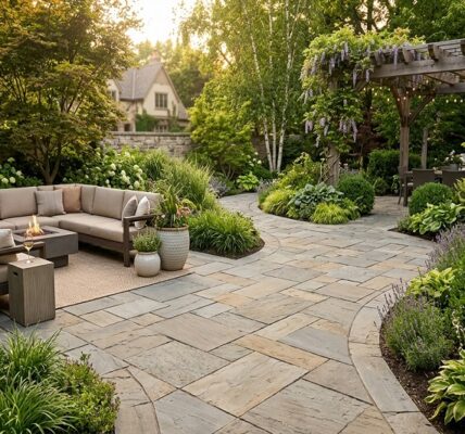 Natural stone pavers creating an elegant outdoor patio with landscaped garden and seating area
