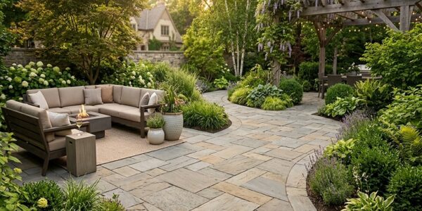 Natural stone pavers creating an elegant outdoor patio with landscaped garden and seating area
