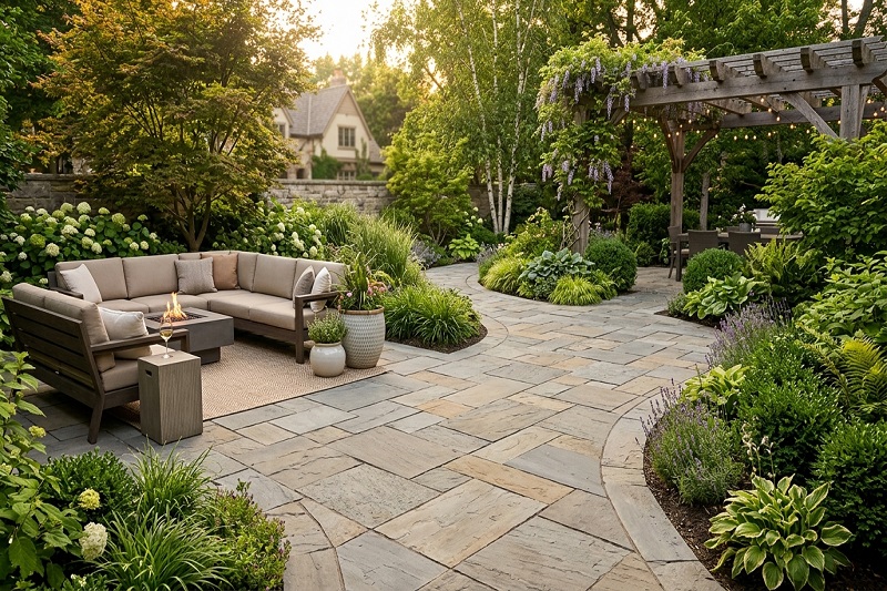 Natural stone pavers creating an elegant outdoor patio with landscaped garden and seating area
